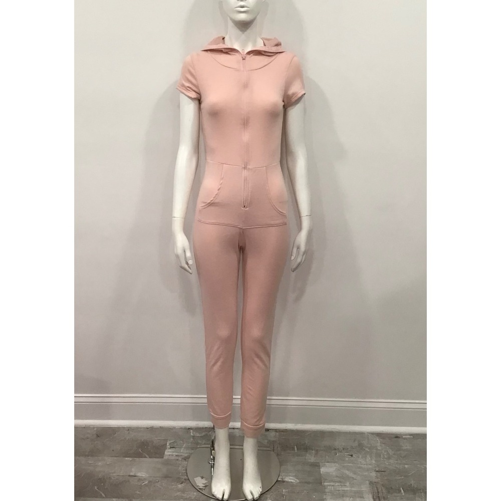 Love J Jumpsuit Women Large Pink Good Hooded Full Zip Short Sleeve Casual Romper